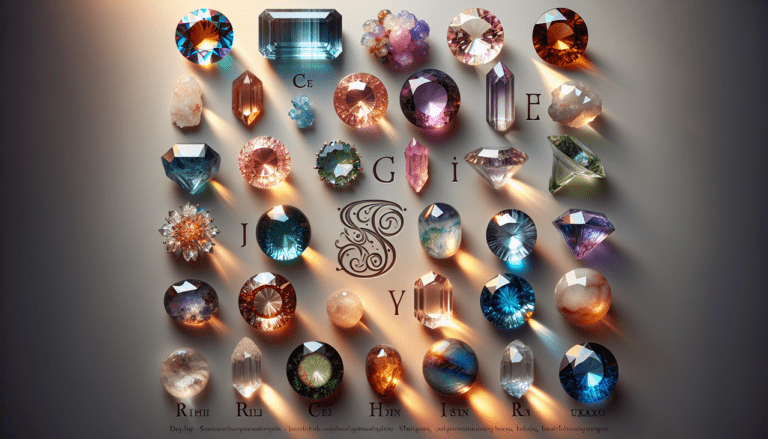 Pierres en I, variété de gemmes et cristaux distincts en couleurs et formes, arrangés avec élégance.