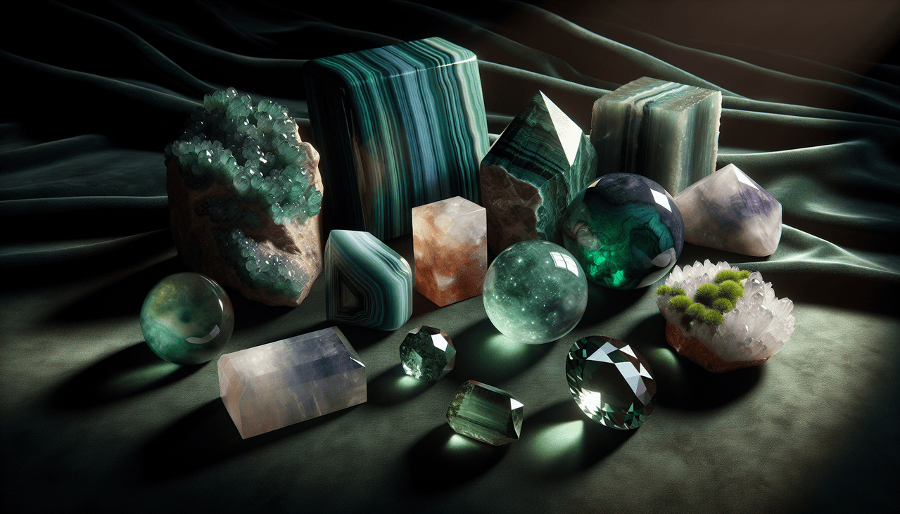 Collection de pierres en M sur velours noir, malachite, morganite, agate mousse, moldavite et pierre de lune aux reflets.