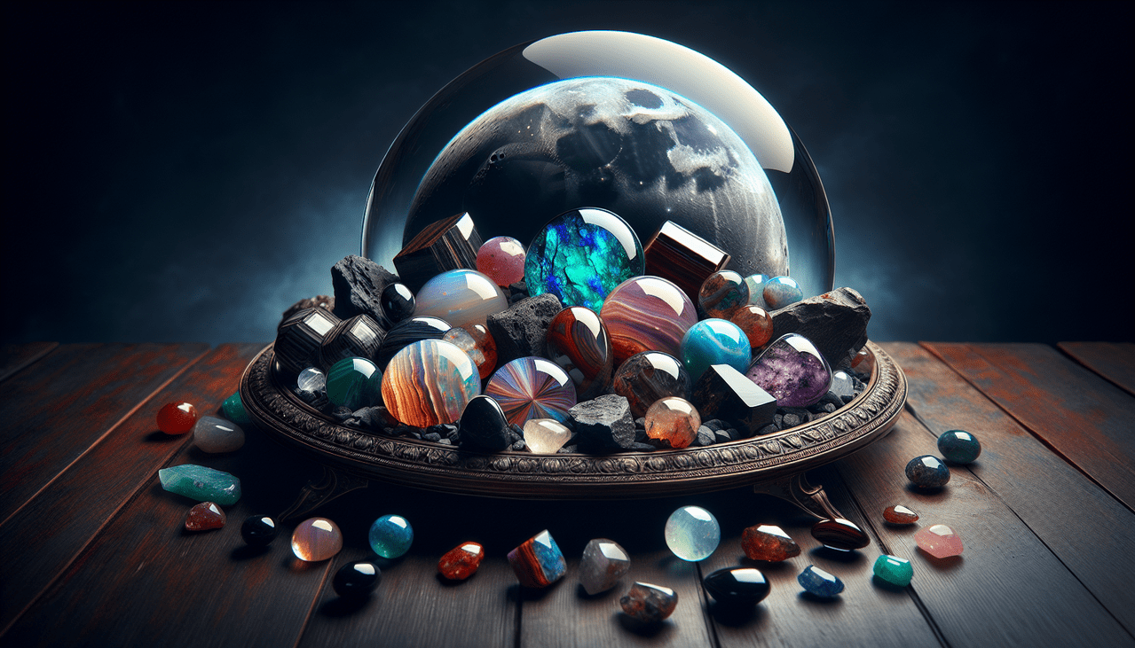Gemstones displaying textures, cuts, and reflective properties on mahogany table with soft light.