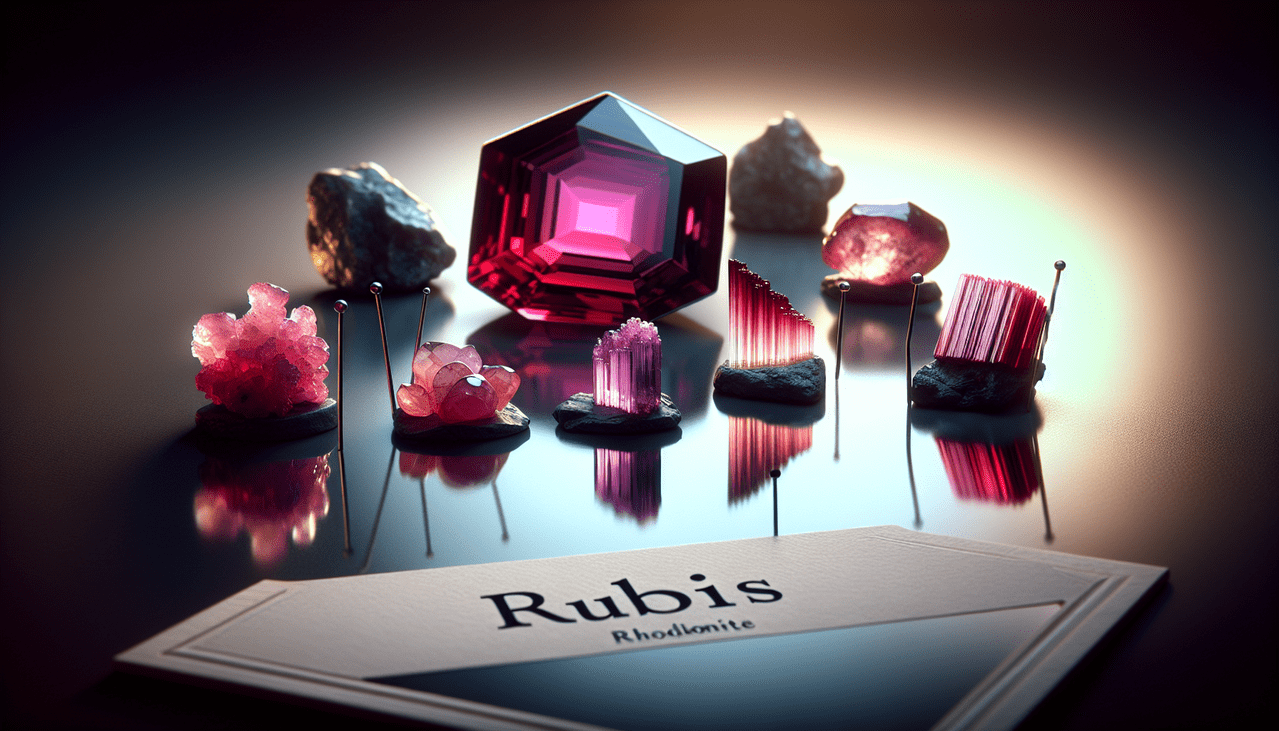 Pierres en R : Rubis, Rhodonite, Rhodochrosite, Rutile sur une surface réfléchissante avec ombres subtiles.
